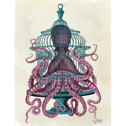 Pink Octopus in Cage Gold Ornate Wood Framed Art Print with Double Matting by Fab Funky