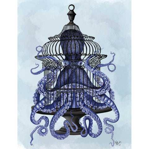 Blue Octopus in Cage White Modern Wood Framed Art Print by Fab Funky