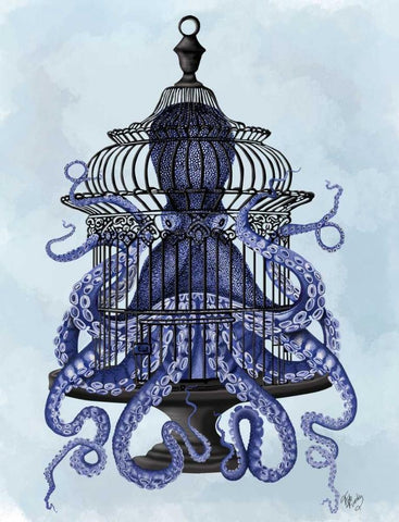 Blue Octopus in Cage Black Ornate Wood Framed Art Print with Double Matting by Fab Funky