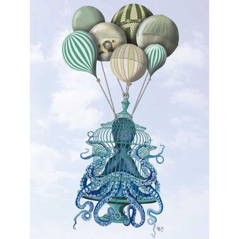 Octopus Cage and Balloons White Modern Wood Framed Art Print by Fab Funky