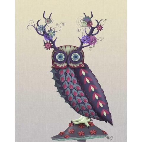 Owl with Psychedelic Antlers Black Modern Wood Framed Art Print with Double Matting by Fab Funky