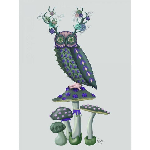 Owl on Mushrooms White Modern Wood Framed Art Print by Fab Funky