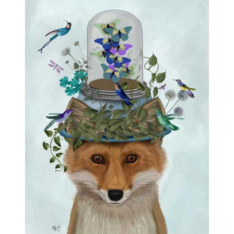 Fox with Butterfly Bell Jar White Modern Wood Framed Art Print by Fab Funky