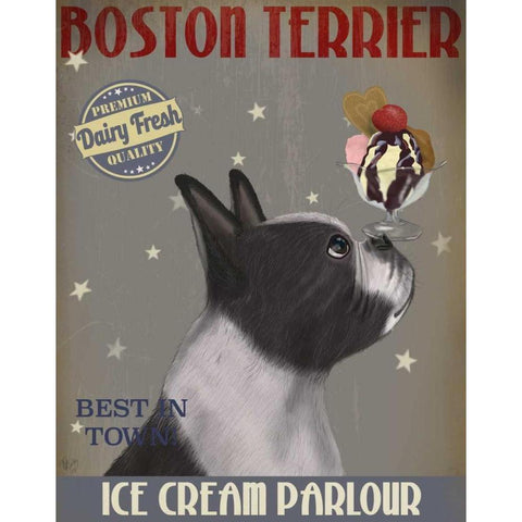 Boston Terrier Ice Cream Black Modern Wood Framed Art Print with Double Matting by Fab Funky