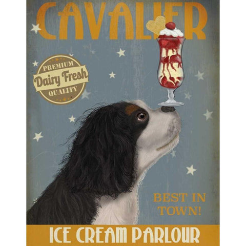 Cavalier King Charles, Black White, Ice Cream White Modern Wood Framed Art Print by Fab Funky