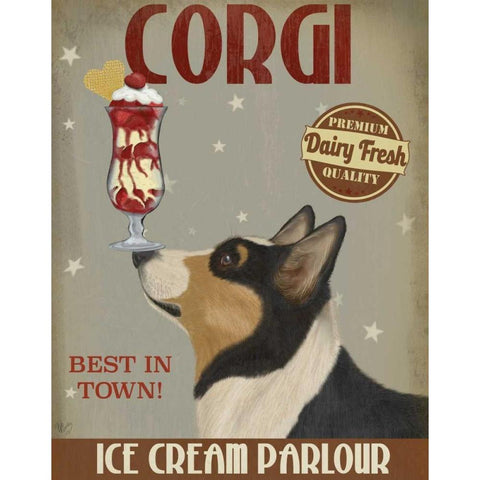 Corgi, Black and Tan, Ice Cream White Modern Wood Framed Art Print by Fab Funky