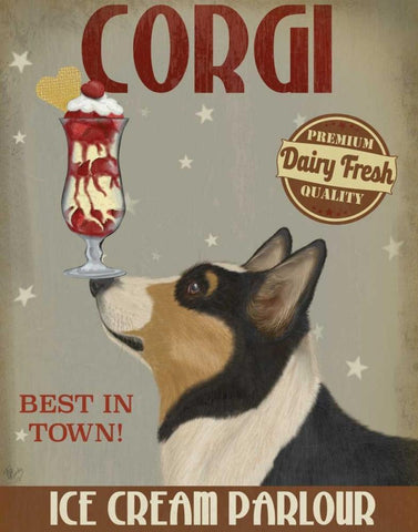 Corgi, Black and Tan, Ice Cream Black Ornate Wood Framed Art Print with Double Matting by Fab Funky