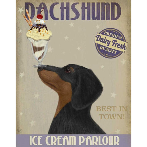 Dachshund, Black and Tan, Ice Cream White Modern Wood Framed Art Print by Fab Funky