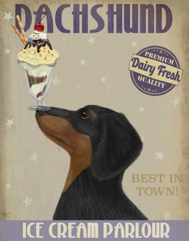 Dachshund, Black and Tan, Ice Cream Black Ornate Wood Framed Art Print with Double Matting by Fab Funky