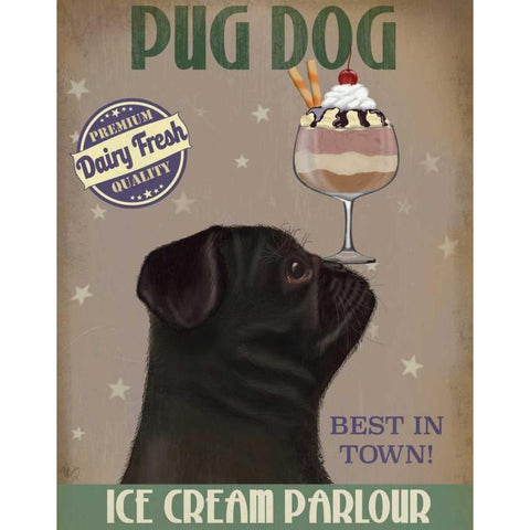 Pug, Black, Ice Cream White Modern Wood Framed Art Print by Fab Funky