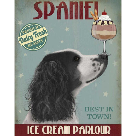 Springer Spaniel, Black and White, Ice Cream White Modern Wood Framed Art Print by Fab Funky