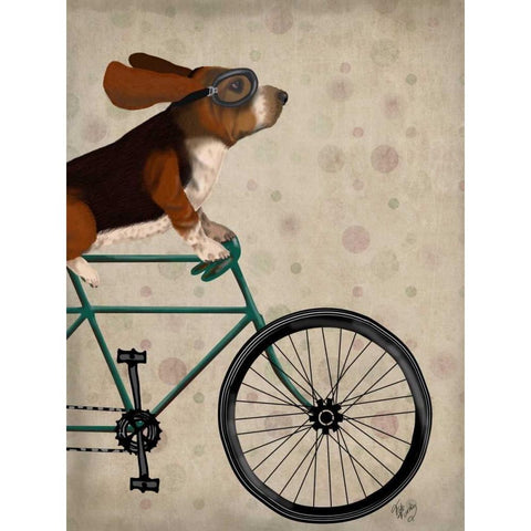 Basset Hound on Bicycle White Modern Wood Framed Art Print by Fab Funky