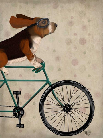 Basset Hound on Bicycle Black Ornate Wood Framed Art Print with Double Matting by Fab Funky