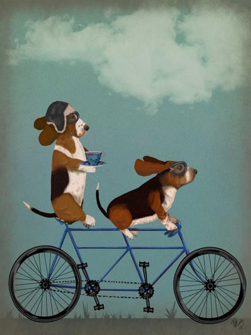 Basset Hound Tandem White Modern Wood Framed Art Print with Double Matting by Fab Funky