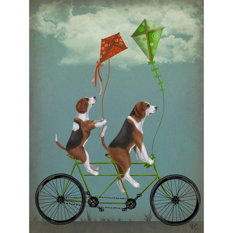 Beagle Tandem White Modern Wood Framed Art Print by Fab Funky