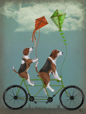 Beagle Tandem White Modern Wood Framed Art Print with Double Matting by Fab Funky