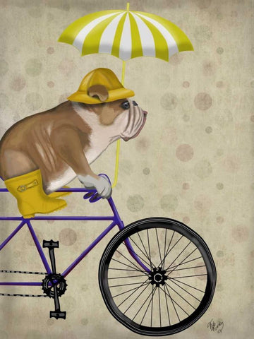 English Bulldog on Bicycle Black Ornate Wood Framed Art Print with Double Matting by Fab Funky