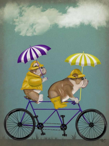 English Bulldog Tandem White Modern Wood Framed Art Print with Double Matting by Fab Funky