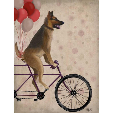 German Shepherd on Bicycle White Modern Wood Framed Art Print by Fab Funky