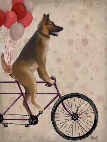 German Shepherd on Bicycle Black Ornate Wood Framed Art Print with Double Matting by Fab Funky