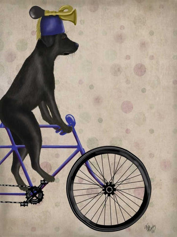 Black Labrador on Bicycle Black Ornate Wood Framed Art Print with Double Matting by Fab Funky