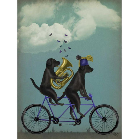 Black Labrador Tandem White Modern Wood Framed Art Print by Fab Funky