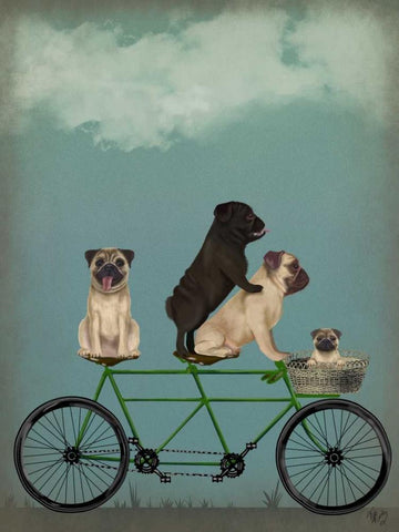 Pug Tandem White Modern Wood Framed Art Print with Double Matting by Fab Funky