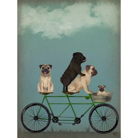 Pug Tandem White Modern Wood Framed Art Print by Fab Funky