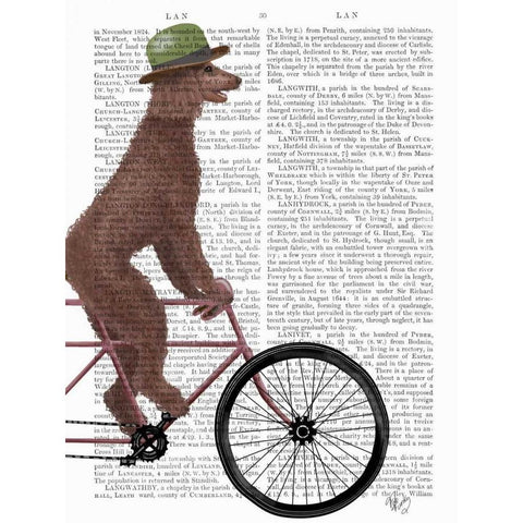 Poodle on Bicycle, Brown White Modern Wood Framed Art Print by Fab Funky