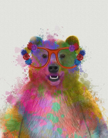 Rainbow Splash Bear White Modern Wood Framed Art Print with Double Matting by Fab Funky