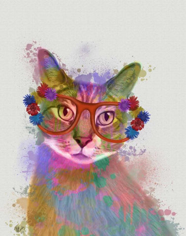 Rainbow Splash Cat 1 Black Ornate Wood Framed Art Print with Double Matting by Fab Funky