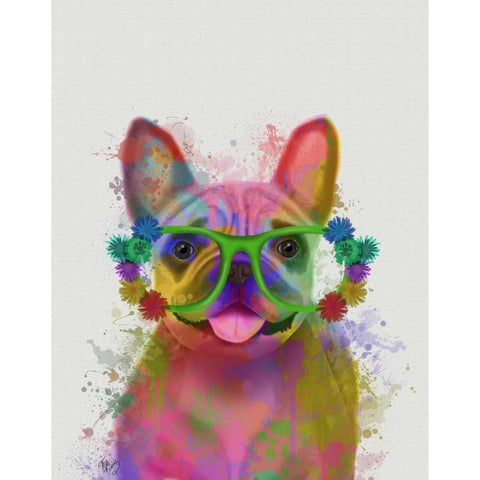 Rainbow Splash French Bulldog, Portrait White Modern Wood Framed Art Print by Fab Funky