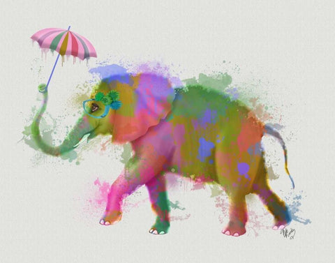 Rainbow Splash Elephant White Modern Wood Framed Art Print with Double Matting by Fab Funky