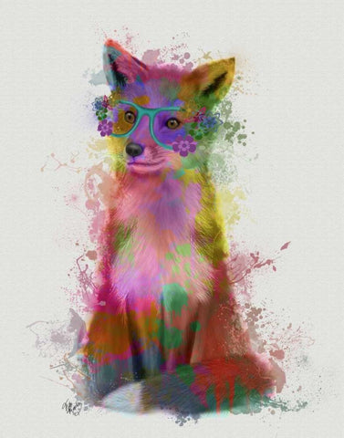 Rainbow Splash Fox 1 Black Ornate Wood Framed Art Print with Double Matting by Fab Funky