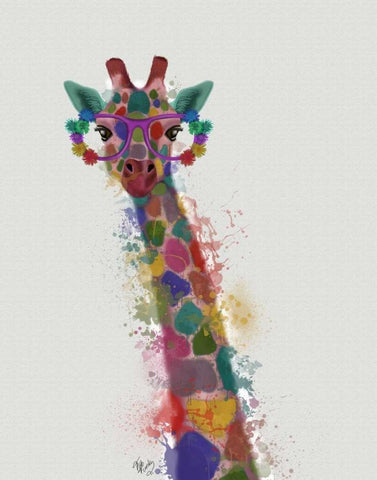 Rainbow Splash Giraffe 1 Black Ornate Wood Framed Art Print with Double Matting by Fab Funky