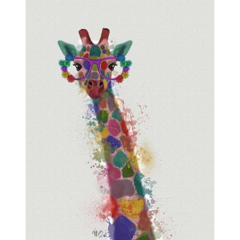 Rainbow Splash Giraffe 1 White Modern Wood Framed Art Print by Fab Funky