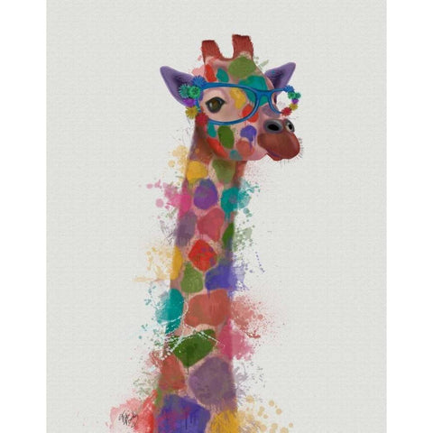 Rainbow Splash Giraffe 2 Gold Ornate Wood Framed Art Print with Double Matting by Fab Funky