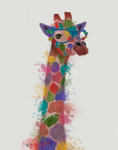 Rainbow Splash Giraffe 2 White Modern Wood Framed Art Print with Double Matting by Fab Funky