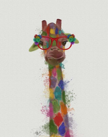 Rainbow Splash Giraffe 3 White Modern Wood Framed Art Print with Double Matting by Fab Funky