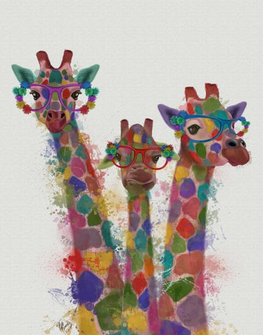 Rainbow Splash Giraffe Trio White Modern Wood Framed Art Print with Double Matting by Fab Funky