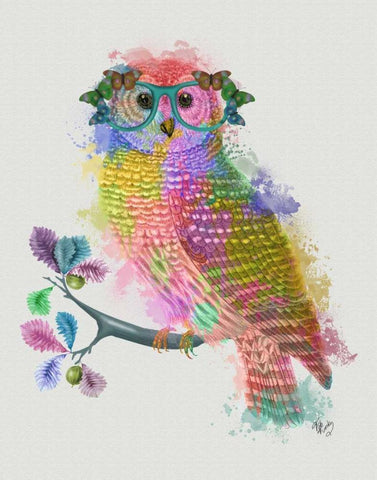 Rainbow Splash Owl White Modern Wood Framed Art Print with Double Matting by Fab Funky