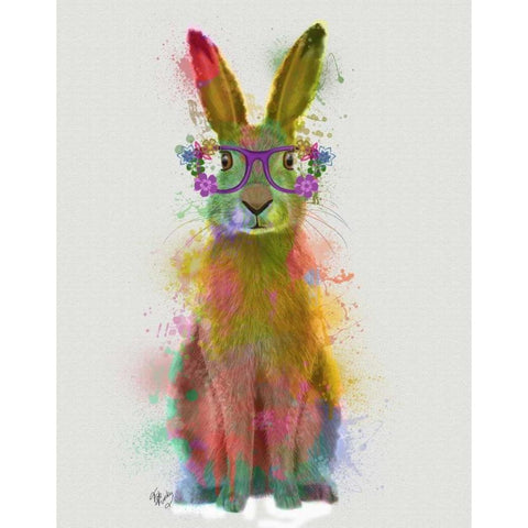 Rainbow Splash Rabbit 1 White Modern Wood Framed Art Print by Fab Funky