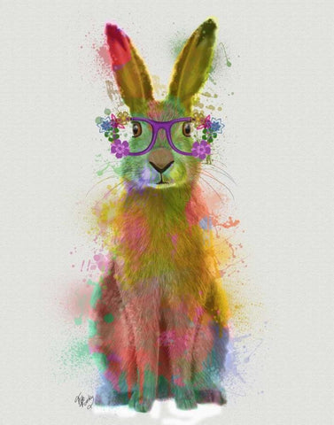 Rainbow Splash Rabbit 1 Black Ornate Wood Framed Art Print with Double Matting by Fab Funky