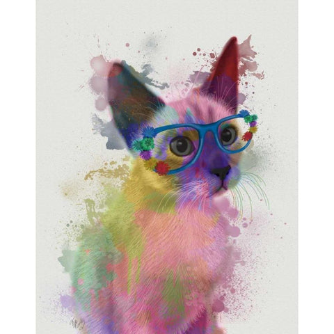 Rainbow Splash Cat 2 White Modern Wood Framed Art Print by Fab Funky