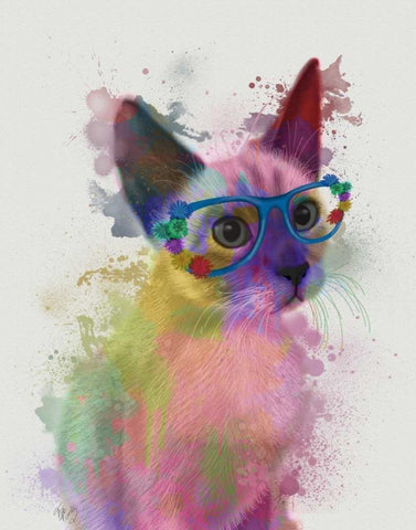 Rainbow Splash Cat 2 White Modern Wood Framed Art Print with Double Matting by Fab Funky