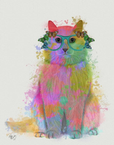 Rainbow Splash Cat 3, Full White Modern Wood Framed Art Print with Double Matting by Fab Funky