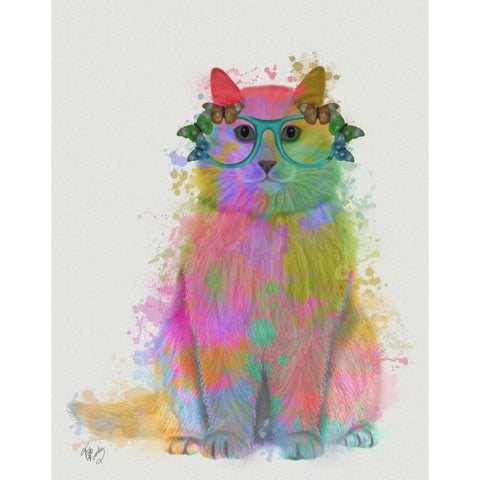 Rainbow Splash Cat 3, Full White Modern Wood Framed Art Print by Fab Funky