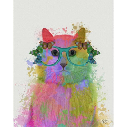 Rainbow Splash Cat 3, Portrait White Modern Wood Framed Art Print by Fab Funky