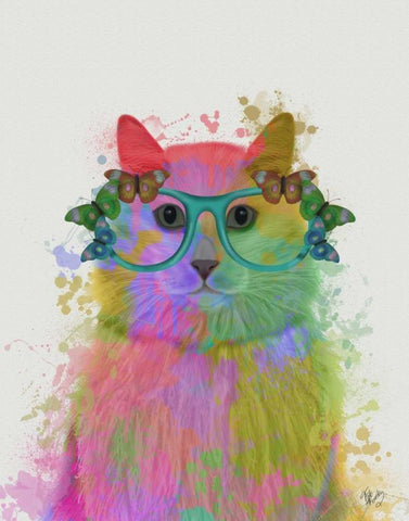 Rainbow Splash Cat 3, Portrait Black Ornate Wood Framed Art Print with Double Matting by Fab Funky