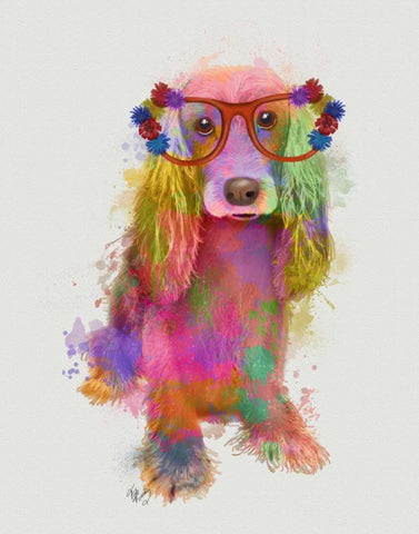 Rainbow Splash Cocker Spaniel, Full Black Ornate Wood Framed Art Print with Double Matting by Fab Funky